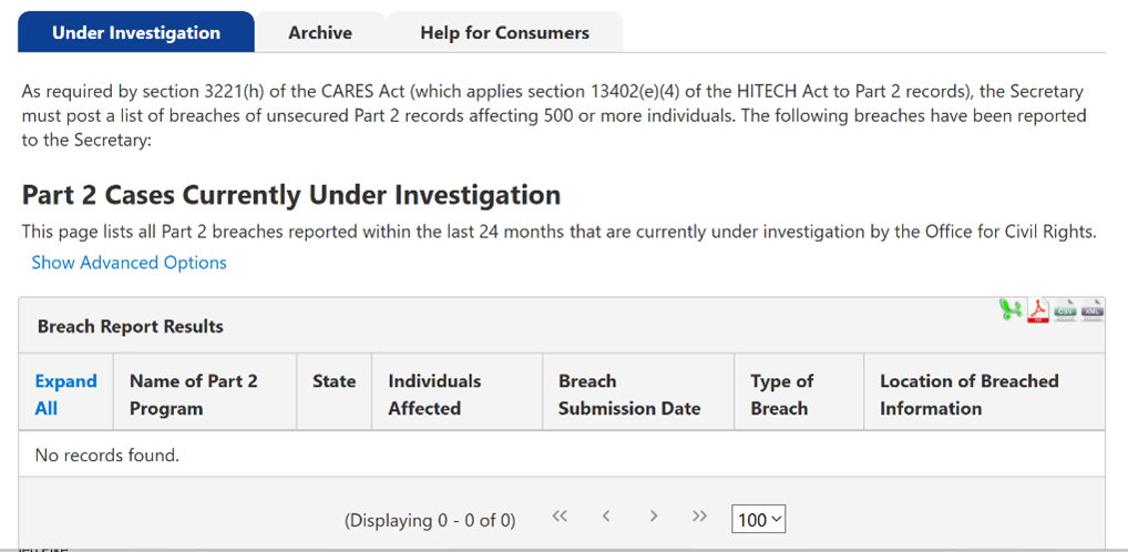 Screenshot of OCR Data Breach Notification Portal - Part 2 Cases Currently Under Investigation